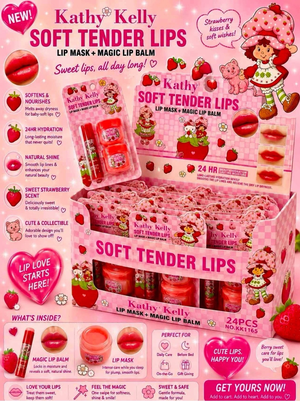 Soft Tender Lips Lip Mask + Magic Lip Balm - Sweet Strawberryfull box of 24 pcs